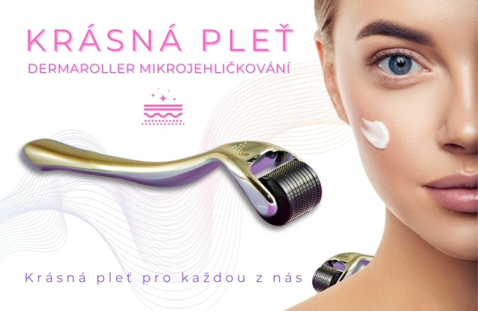Dermaroller vedle poloviny obličeje s hladkou pletí a nápisem "Krásná pleť, Dermaroller mikrojehličkování"